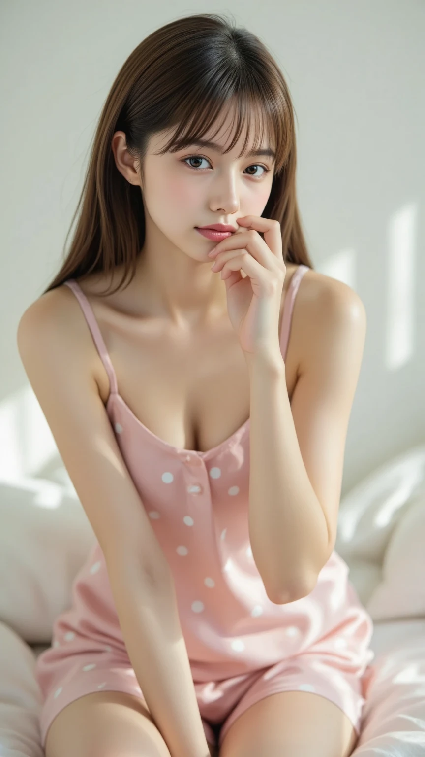 score_9, score_8_up, score_7_up, BREAK,
product quality, 1girl, full body shot, front view, a Japanese young pretty girl, shoulder length hair, wearing only a silky satin light pink apron with white frills over her naked body, sitting on a table in a kitchen, glamorous figure, busty, hyper cute face, glossy lips, double eyelids in both eyes, natural makeup, long eyelashes, shiny smooth light brown hair, asymmetrical bangs, fair skin, central image, high resolution, high detail, detailed hairstyle, detailed face, cinematic lighting, octane rendering, vibrant, hyper realistic, perfect limbs, perfect anatomy