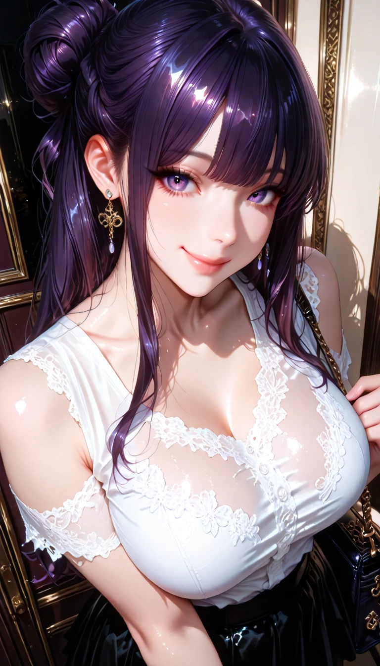 (Hyper Real), ancient shrine maiden, female shaman, giant beauty, safe, high resolution, real short hair, blonde, blonde woman, skin texture details, super high resolution, realistic, plump figure, smile, beautiful expression, small purple hair Airy long blonde hair, divine spirit, very delicate and detailed skin texture, (ancient luxury luxury temple), ancient priestess, big cleavage, plunging neckline, big red lips , (luxurious black costume and luxurious accessories)