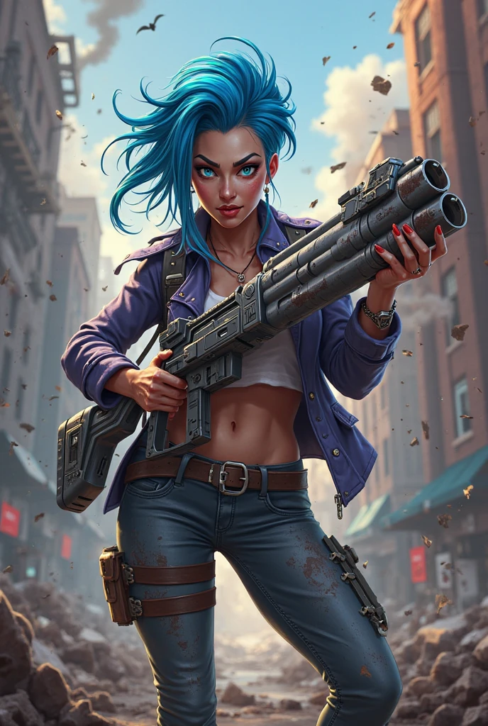 NSFW. An epic war scene, where a fearless woman with long blue hair riding a Harley Davidson-style motorcycle on a damaged road is the center of attention. Ela usa uma camisa regata branca rasgada quase mostrando os seios, manchada de sangue, and a pair of pants worn with a military color scheme. The expression on the woman's face reveals her courage, but also a hint of fear. She is loaded with ammunition belts and a pistol in her thigh, pronta para lutar. Ao fundo, The scenery is chaotic, with gunshots and bodies strewn across the ground. Menacing monsters complete the gloomy landscape. A vista frontal captura toda a grandiosidade desse momento, allowing the observer to appreciate the woman's determination and the frightening context of the war.