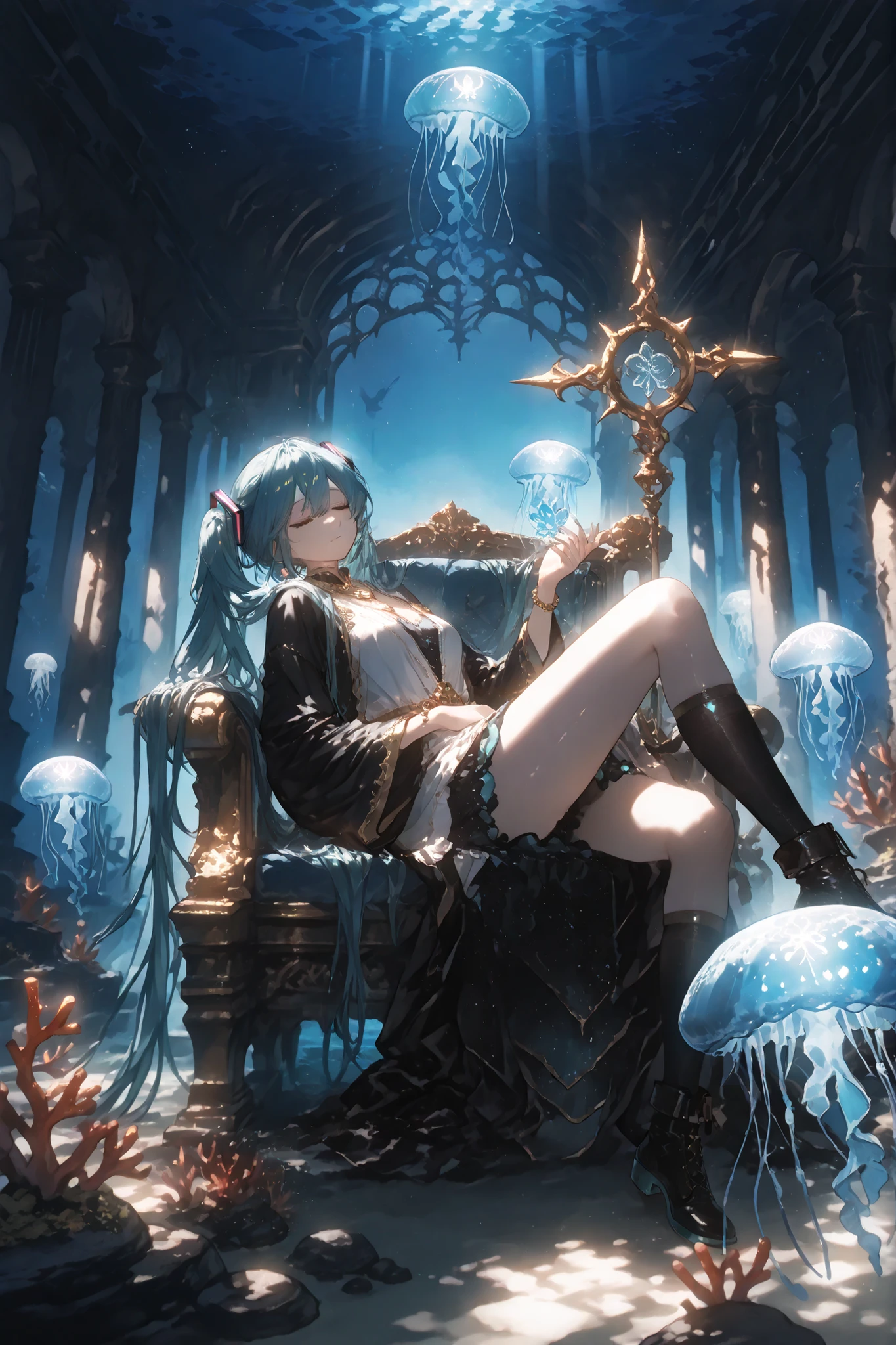 1 maiden,hatsune miku,
aquamarine eyes, beautiful eyes, aquamarine double tails, shiny hair, without makeup., detailed face,
witch, meditating in the throne room of an underwater castle,
closed eyes, peaceful facial expression,
lying on a coral throne,
put on a witch costume ,robe, embroidered with gold thread, Pearl jewelry ,
black knee-high socks, black ankle boots,
full height,
dramatic composition,
mysterious underwater city, ancient ruins, the interior of an underwater city, (magical glowing crystals), ancient sculptures,
Coral jewelry,(Grows),
mysterious blue light, mysterious atmosphere,
background,
large windows, deep sea landscape,
(glowing blue jellyfish, glow),
silhouettes of deep sea creatures,
(mysterious rays of light, glow),
crossing blue-green rays,
The deep blue gradient,
calm atmosphere,
dim lighting, Soft light,
masterpiece, best quality,amazing quality, Highest resolution,Ultra-detailed,super detailed, extremely detailed digital painting,
perfect anatomy, detailed clothing,detailed skin texture,Very aesthetic, newest, bright, high contrast, artistic,(Grows:1.2),PEAnimeBG,anime,landscape,