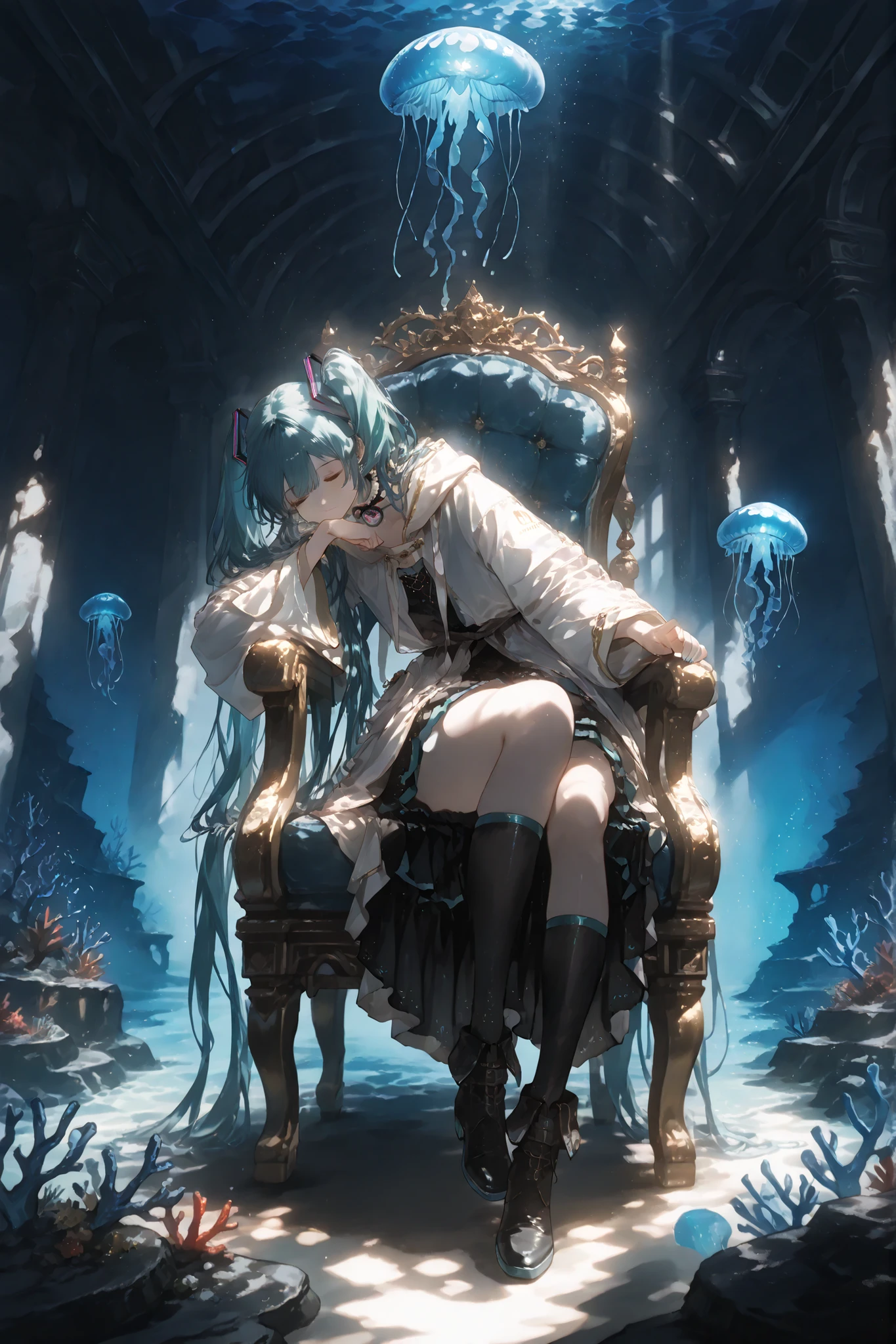1 maiden,hatsune miku,
aquamarine eyes, beautiful eyes, aquamarine double tails, shiny hair, without makeup., detailed face,
witch, meditating in the throne room of an underwater castle,
closed eyes, peaceful facial expression,
lying on a coral throne,
put on a witch costume ,robe, embroidered with gold thread, Pearl jewelry ,
black knee-high socks, black ankle boots,
full height,
dramatic composition,
mysterious underwater city, ancient ruins, the interior of an underwater city, (magical glowing crystals), ancient sculptures,
Coral jewelry,(Grows),
mysterious blue light, mysterious atmosphere,
background,
large windows, deep sea landscape,
(glowing blue jellyfish, glow),
silhouettes of deep sea creatures,
(mysterious rays of light, glow),
crossing blue-green rays,
The deep blue gradient,
calm atmosphere,
dim lighting, Soft light,
masterpiece, best quality,amazing quality, Highest resolution,Ultra-detailed,super detailed, extremely detailed digital painting,
perfect anatomy, detailed clothing,detailed skin texture,Very aesthetic, newest, bright, high contrast, artistic,(Grows:1.2),PEAnimeBG,anime,landscape,
