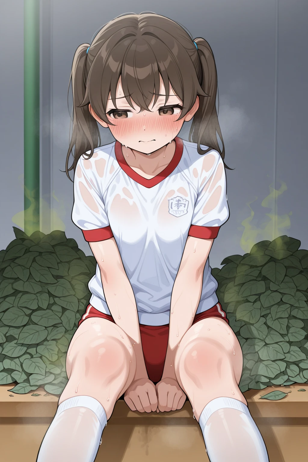 nsfw, extremely detailed CG unity 8k wallpaper, strong facial expression,(sharp eye:1.2),(scowl:1.1), (embarrassed,blush:1.3), (steam:1.1),(wet:0.8),(sweat:0.8), (trembling:1.5) ,(parted lips:1.3),(harf open eyes:1.4),(feeling weak:1.5), (masterpiece, top quality, best quality, highly detailed:1.6), 1 girl, Ponytail, colorful, (gym uniform, gym shirts, white t-shirts, school gym clothes, red brown:1.3), full body, (((clutching crotch))), (girl trembling with sexual climax), urination, piss, peeing self, A lot of pee, having an accident, pee running down legs, standing, Crossing legs, (((pee stream))), (pee puddle), pee stain, panties, peeing, blush, trembling, embarrassed,, Brown Hair, Are crying, Yellow pee, Rubbing knees, ((leaking pee)), leaning forward, hand between legs, (Touching the crotch:1.6), Shaking one's shoulders, Breaking a sweat on forehead,(Rubbing the crotch with your hands:1.2), Puddle of pee, Pee at your feet, Pee spread on the floor, Pee stains, Dripping pee between my legs, Feet wet from pee, Pee-covered feet, Pee at your feet, want to pee, about to pee, Full bladder、