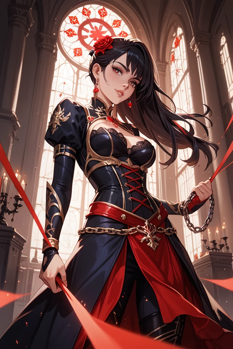 MAKE A PHOTO OF A MATURE WOMAN ANIME CHARACTER "QUEEN MEDUSA" HIGHLIGHTING SHARP EYES , BLACK HAIR UNLOCKED, THE QUEEN'S TRIANGLE CROWN SHAPED IS RED, IN THE DONGHUA MANGA SERIES "WITH THE TYPICAL CHIRI OF A KIYO-KIYO DRESS THAT IS NOT SEXY IN RED. AND HOLDING A RED SWORD.