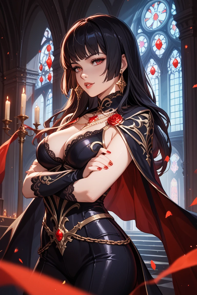 1girl, thirty years old, monster woman, little black horns, solo, medieval tavern, extremely seductive, mature, long and large soothsayer dress, deep red eyes, short white wavy hair, elf ears, delicate skin, lipstick, makeup, mature female, dark dress with cape, black dress, embroidery, mystic atmosphere, masterpiece, best quality, 8K, luth instrument