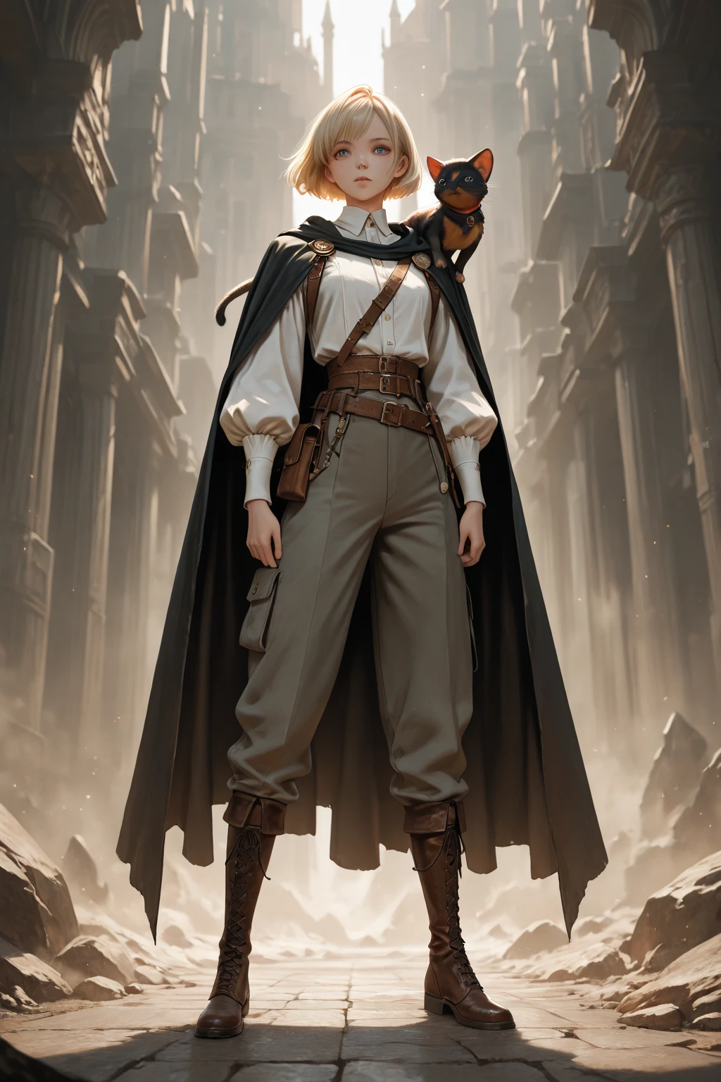 A woman in a black outfit and brown coat standing in front of a castle ...