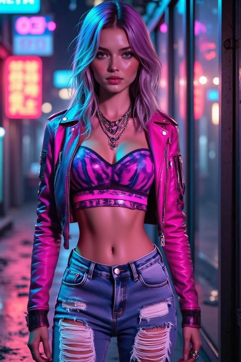 <lora:weird future fashion:1> supermodel woman with sunglasses, high heel shoes, (wearing [red|green|pink|black|blue|neon]) detailed holographic jacket and crop top, and shorts with weird future fashion, (standing (leaning relaxed)) on a red-brick wall background, insane details, intricate details, hyperdetailed, low contrast, soft cinematic light, dim colors, overcast, exposure blend, hdr, faded, toned defined body, cinematic lighting, hdr, (extremely detailed face and body), rainy, drenched, ((wet sweaty skin)), (intricately detailed face and abs)
