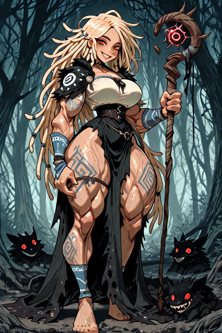 anime waifu bodybuilder, beautiful face, smiling face, green eyes, scar on left eye and nose, perfect body, fit body, looking at the viewer, posing with strong arms, abdomen, large breasts, muscular, ((hair) long and blonde), sarashi white chest, sarashi, underboob, breasts bandages, arm bandages (insanely detailed, beautiful detailed face, masterpiece, best quality) volumetric lighting, (looking disgusted), konosuba, (torn cape at the tip covering the body of black color, and hood covering the head of black color), character A2, (white and torn bandages on the arms and legs), image taken from below, focus on the legs, high quality, white light clothes