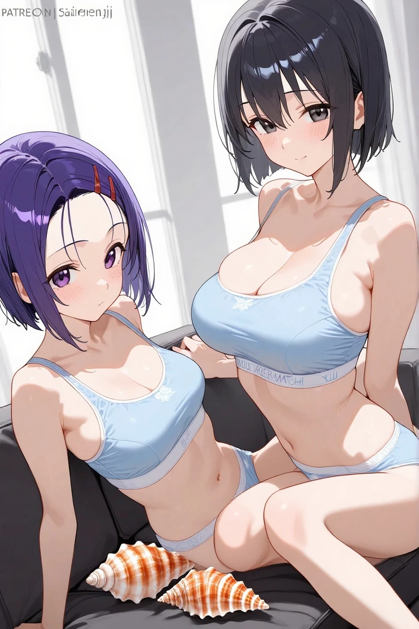 Two young women, (cheered up), full body poses, do intensive exercise in a gym, wearing sports bras and thongs made of transparent fabric, with sweat glistening on their bodies. They both have multi-colored hair., short and messy, with a smiling face., and one of them has visible pubic hair. They have toned athletic bodies with slim waists and huge breasts.. (swollen nipple:1.3)