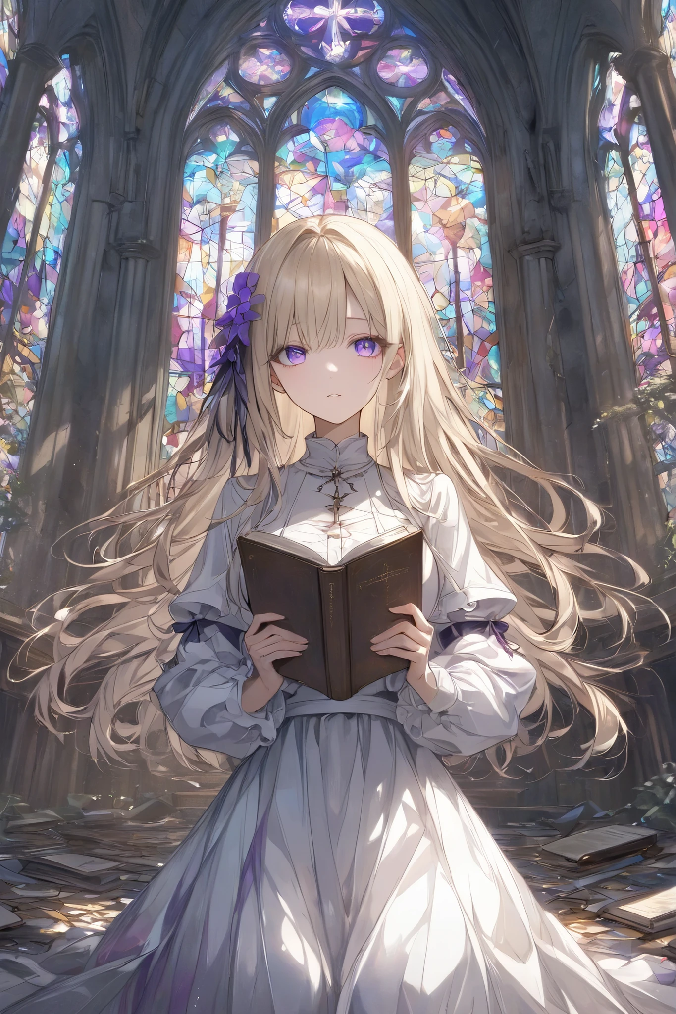 stained glass holding a book、Blonde、Violet eyes、Rin々Seems、Abandoned Church、super long hair、30 years old、