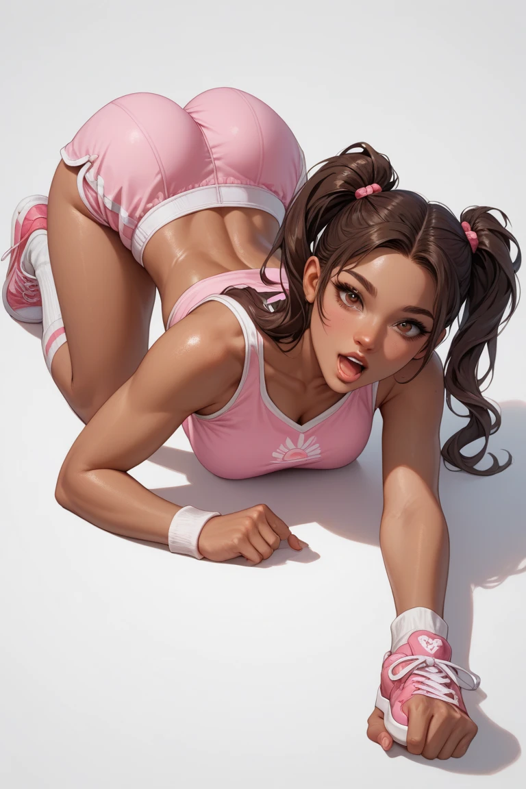 1 menina, cabelo loiro, olhos azuis, Nike orange legging pants, bunda grande, peitos grandes, cameltoe, fundo dentro do quarto sozinha, Realistic detailed HD, 3d, sexy, corpo perfeito, bico do peito, em cima da cama, corpo inteiro, pouca roupa, semblante feliz, foco no peito, peitos enormes, bico do peito visivel,