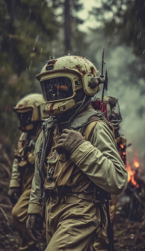 Close-up of a extremely handsome soldier guy, half human, half machine, their faces partially obscured by military helmets. Their eyes are filled with hapiness and longing. The background is a trail of blood and violence. He wears a mechanized robot armor, carved with animal elements, human skulls. The sky is filled with swirling, fiery clouds. The photo conveys a strong sense of the warrior's appearance, ((smiling))