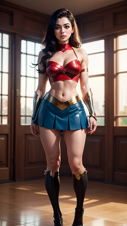 (best quality,4k,8k,highres,masterpiece:1.2),ultra-detailed,(realistic,photorealistic,photo-realistic:1.37),Gal Gadot as Wonder Woman, lifting her skirt towards the camera in a battle,comic-book style illustration,metallic texture,sharp focus,vivid colors,dramatic lighting,wonderful action pose,confident expression, flowing hair, intense gaze, golden tiara, red and blue costume, powerful stance, dynamic composition, lasso of truth, bulletproof bracelets, warrior princess, superheroine, strong and graceful, fierce determination, cityscape background, cloudy sky, dramatic clouds, Lasso of Hestia, magical powers, empowering symbol, iconic superhero, surreal elements, ethereal aura, striking contrast, vibrant hues, cinematic atmosphere. She is lifting her skirt and showing her panties, lifting her skirt, showing her panties camera