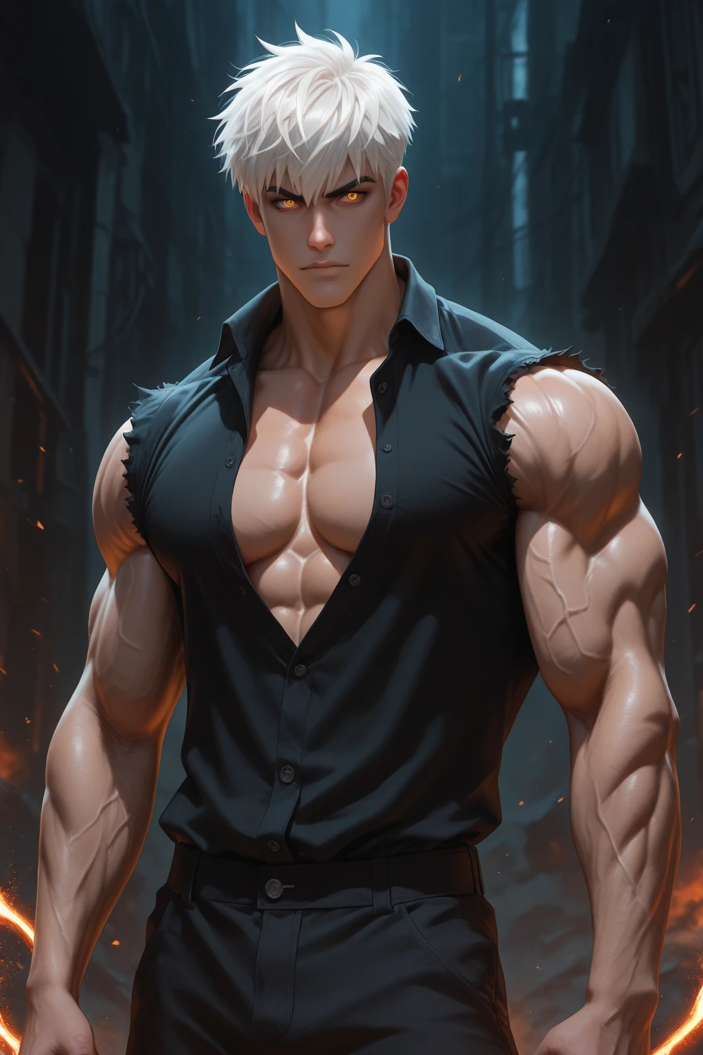 A true masterpiece of masculine beauty. gohan, super sayagin 5, 20 years old, Wears a martial arts outfit and fights in a haunted and abandoned city. Moonlight accentuates muscles just right. The landscape is lush and mysterious, with a dark city. The camera details everything. When looking at beautiful eyes, attractive blue eyes facing the viewer, one can clearly see every small detail, every perfect line, every detail of beautiful 8K quality skin, everyone is captivated by the beauty. Confidence radiates from every look. His head has white hair and his face is meticulously detailed in 8K quality images. Is a character in the Dragon Ball Seven series.