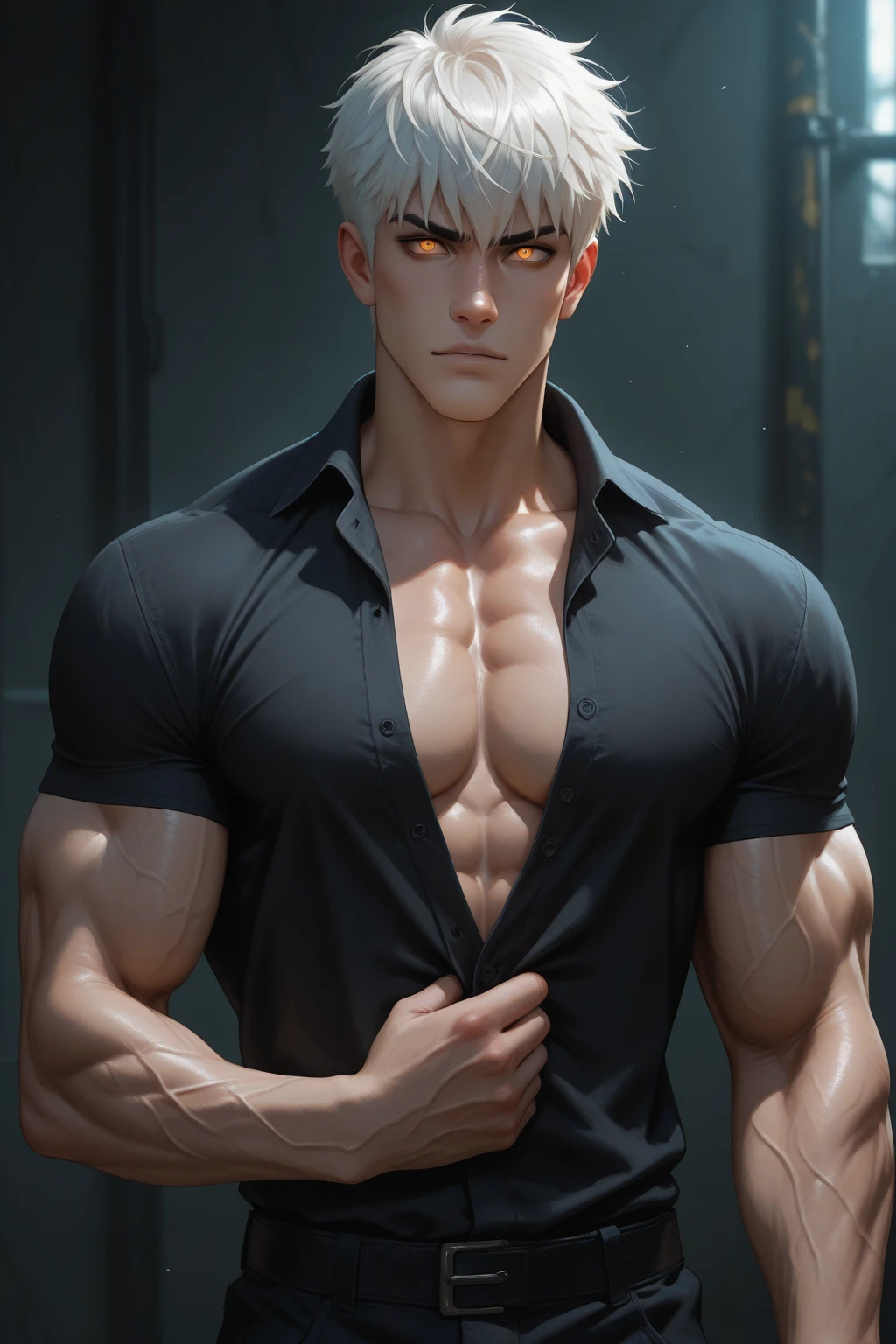 ((Realistic lighting, Best quality, 8K, Masterpiece: 1.3)), Light focus: 1.2, 1boy, Perfect figure: 1.4, Slim Abs: 1.1, ((White hair)), (Street, Night: 1.1), , smoking, street, pale skin, sculpted skinny face, man, male focus, big pectoral, muscles, black clothing, smoke, fog, cigarette in mouth, medium hair