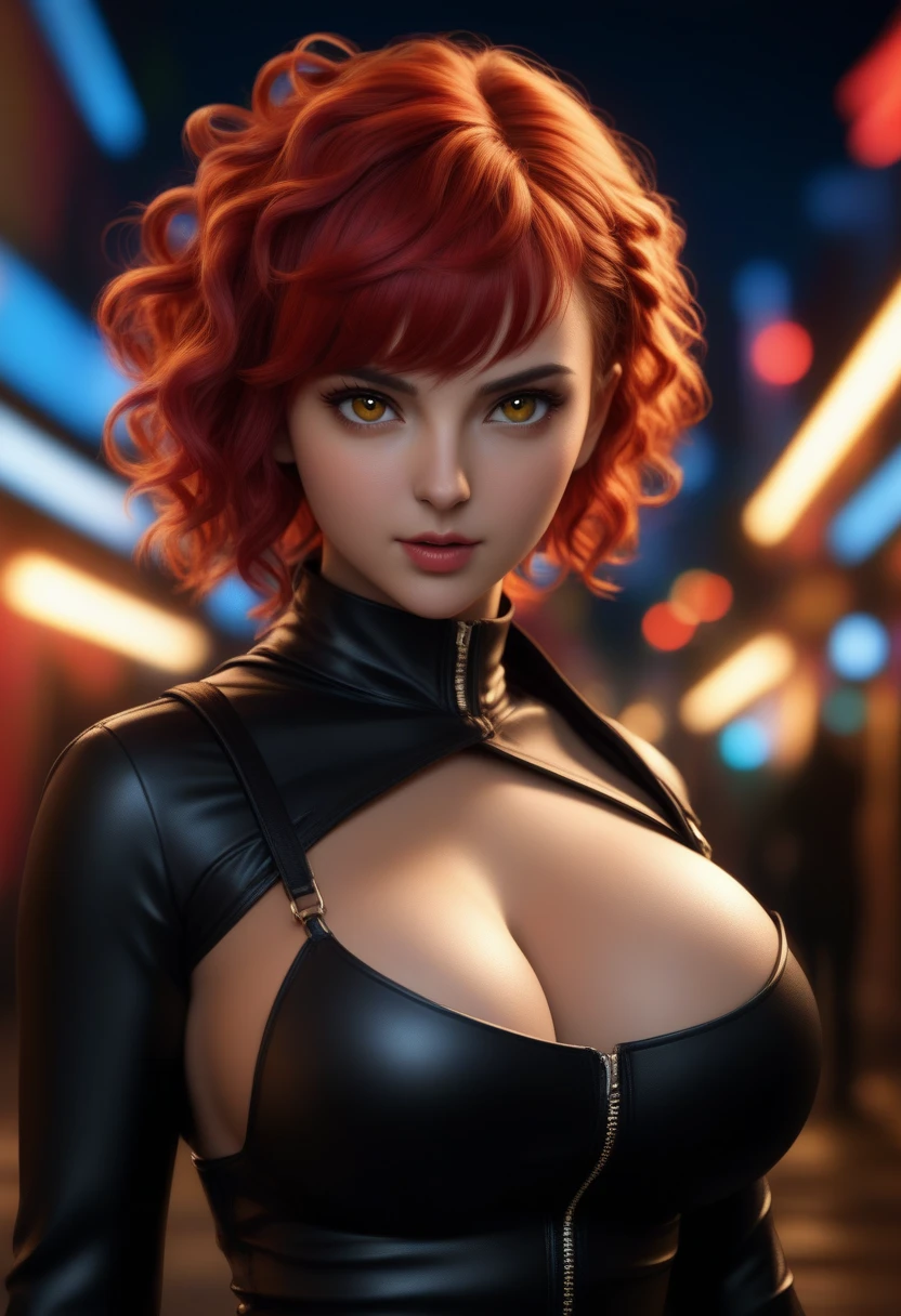 1girl, red short bob haircut, beautiful detailed red eyes, tight black spandex bodysuit, nsfw, high quality, 4k, ultra-detailed, photorealistic, hyper detailed, intricate details, depth of field, dramatic lighting, cinematic, mood lighting, vibrant colors, neon colors, glowing skin, flawless skin, porcelain skin, seductive expression, sensual pose, elegant, mysterious, dark fantasy, erotic, mature content