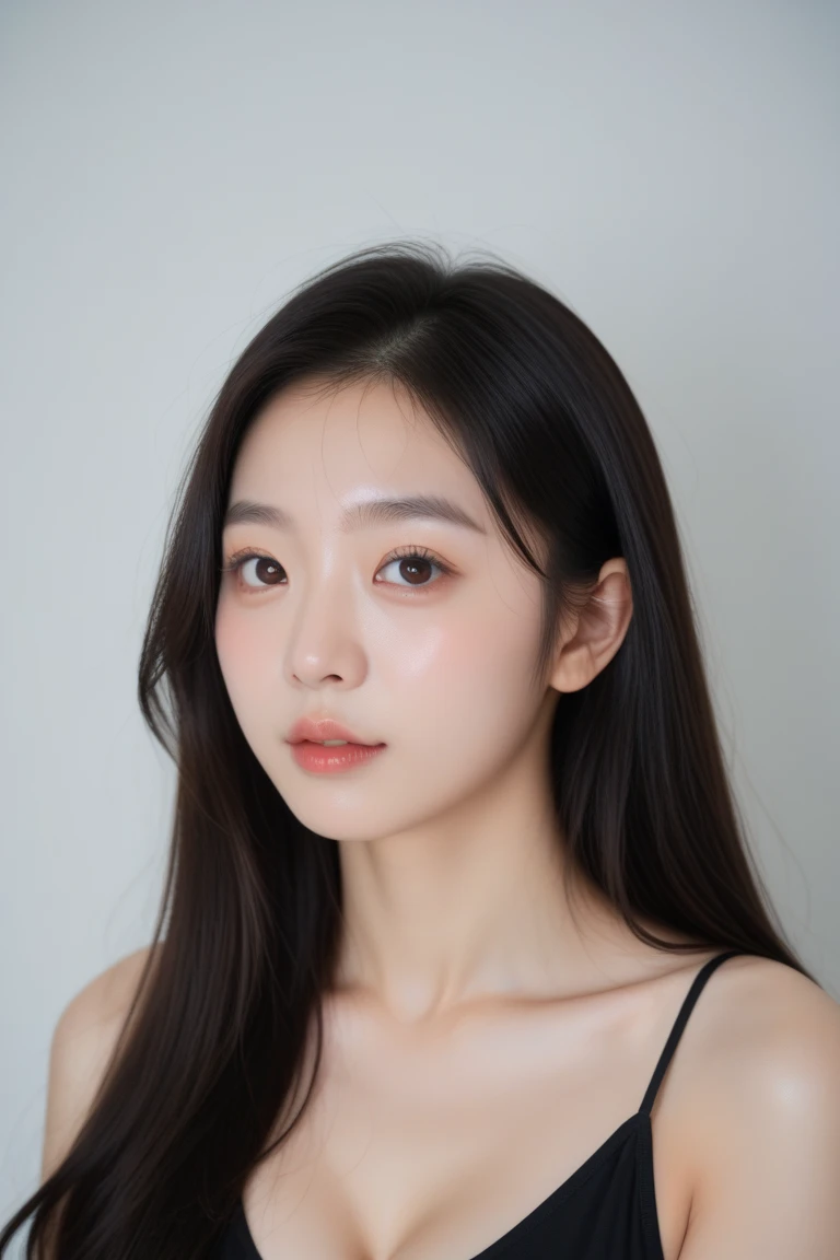 (masterpiece, top quality, best quality, (close-up photograph: 2), ((1girl)), korean, slim face, fair skin, (extremely detailed face), ((looking at viewer)), (ultra-detailed eyes and pupils), ((bare pectorals)), ((bare chest)), ((tube dress)), bare head, ((bare shoulders)), symmetrical frame, ((strapless)), (((smile))), ((closed mouth)), ((symmetrical pose)), (symmetrical face: 1.6), 35mm, (((minimal plain white background))), direct lighting, long wavy hair, no watermark <lora:yerilorashy:1>