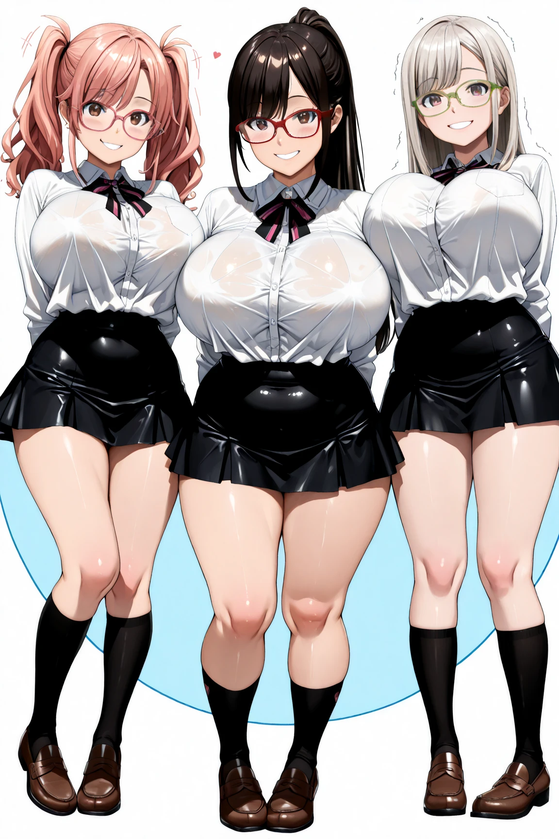 3 beautiful girls wearing bare-shouldered clothes and short skirts, big boobs, side , full body photos in the toilet