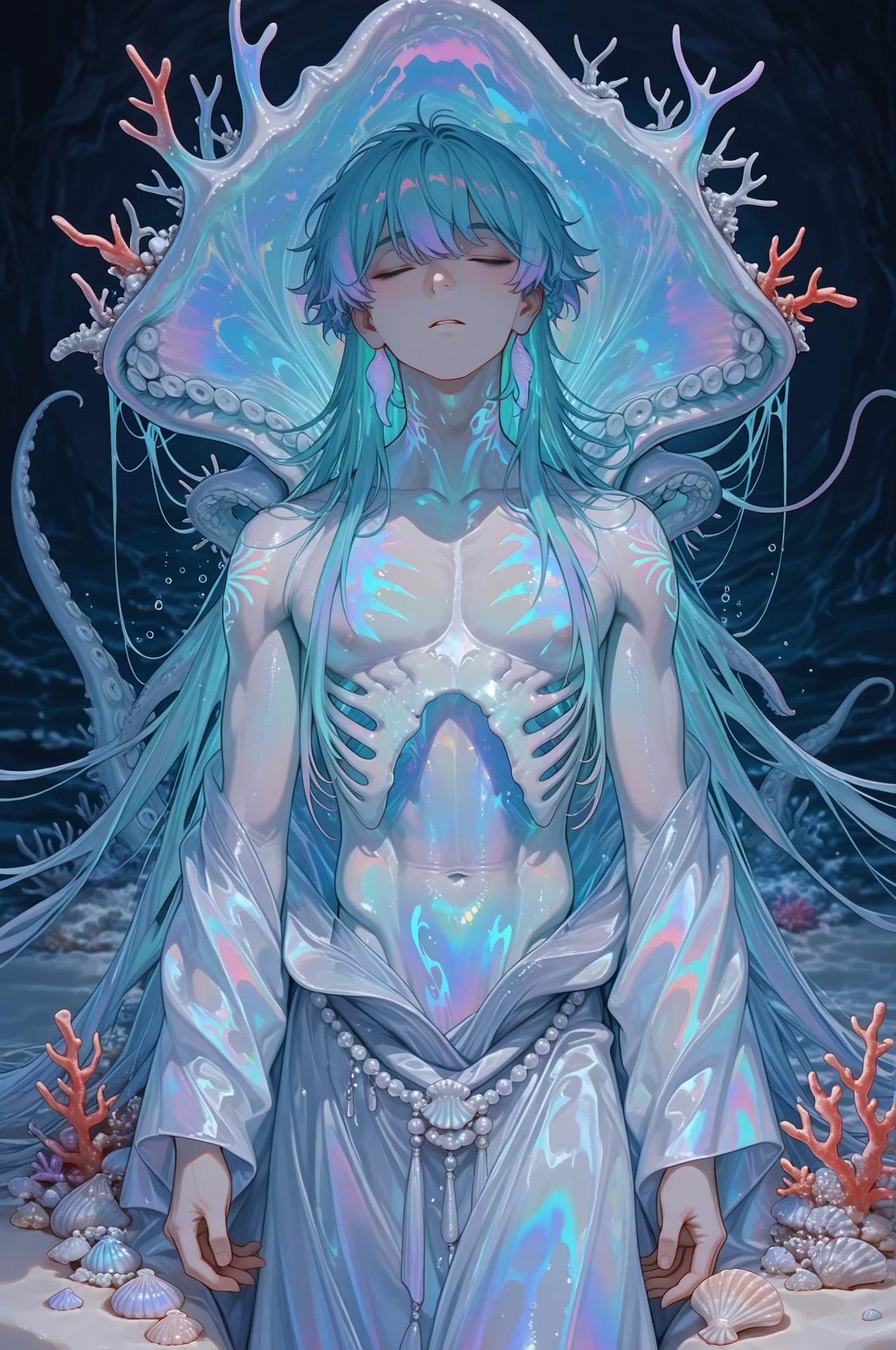 1guy, male focus, shirtless, muscular, galaxy background, starry, cloudy, stars, style-nebmagic, floating in the sky, (intricate magic circle), glowing, holding arms out in front with glowing orb, nipples, hairy chest, looking up, ((black hair with a fade)), finely detailed, cinematic lighting, anime style, soft glow, rainbow colors, rainbow paint splatters, speckles of paint, vivid colors, black gloves, stone skin gray, cracks in skin, white eyes