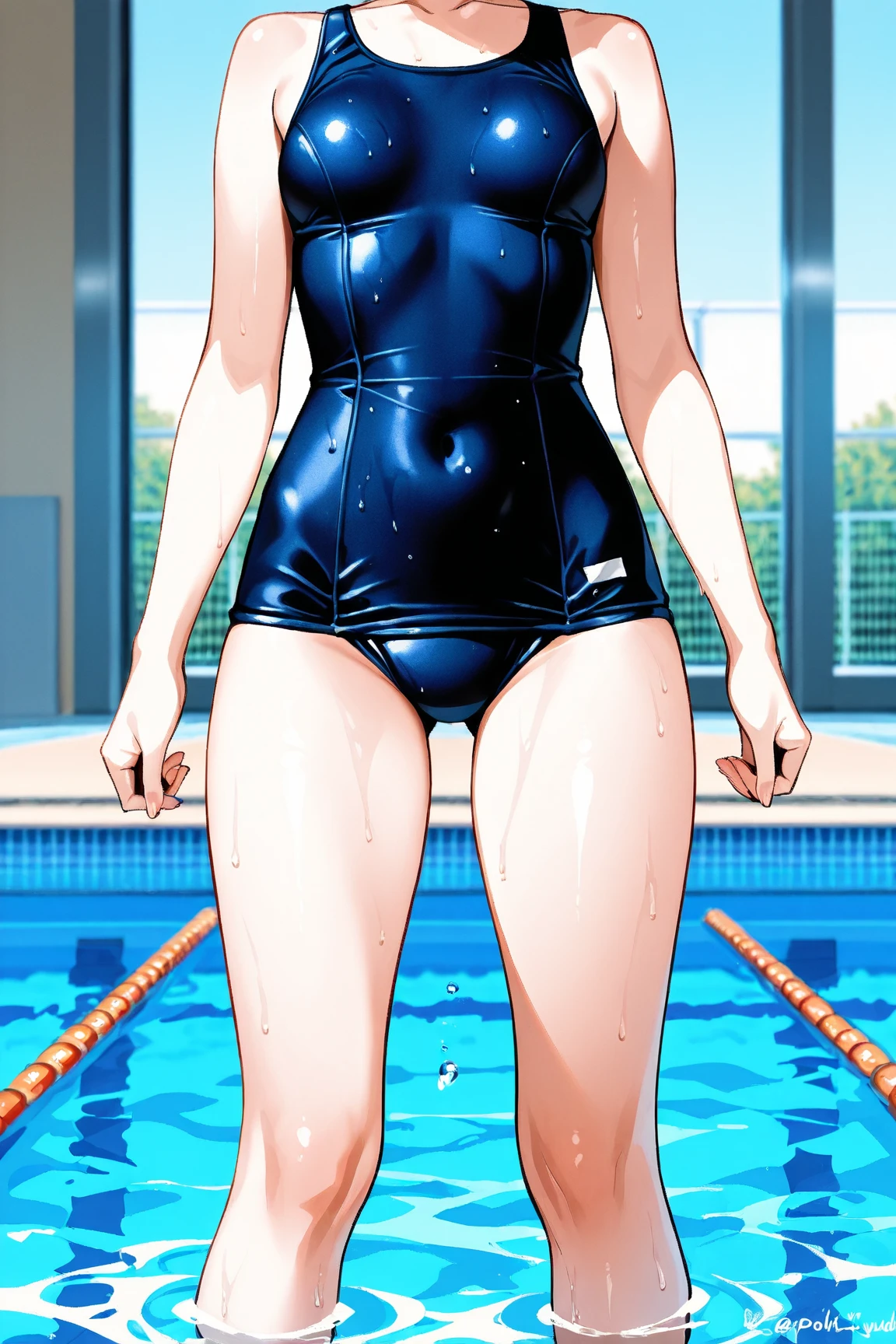 Blue school swimsuit、(masterpiece、Highest quality)、Highest quality, Ultra-high resolution, (((masterpiece))), alone, Sweat、Big eyes, Composition from the front、Shortcuts、Embarrassed face、blonde、Cut your hair short、School swimming pool、short hair、Pussy Line、Browsing Caution、Butt