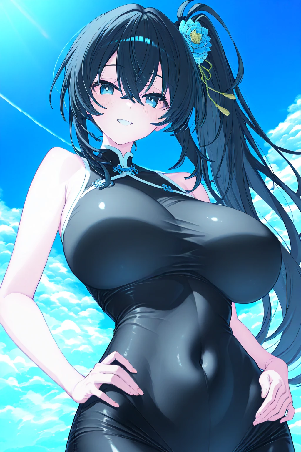 full body,a woman stzandin with hands on hips sexy, cute smile, city in background, upper body, beautiful eyes, beautiful girl, high detail skin, high detail eyes, high detail hair, highres, ultra detailed, sharpen picture, Highly detailed, masterpiece, best quality, photorealistic, <lora:TiaCloverLoRA:0.9> a woman, long hair, golden eyes,collar, corset, gloves, cut out pants,