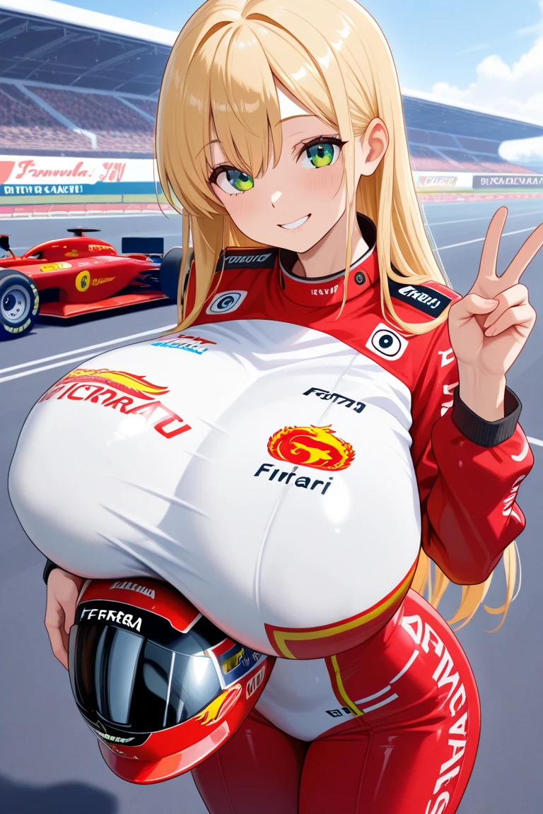 1 female,black hair,25 years old,(((Shiny race queen uniform with exposed navel)))(((blush、open mouth smile)),(((straight hair))),(((portrait))),crowd,,(wet with sweat)(leather thigh high boots)(((beautiful breasts)))