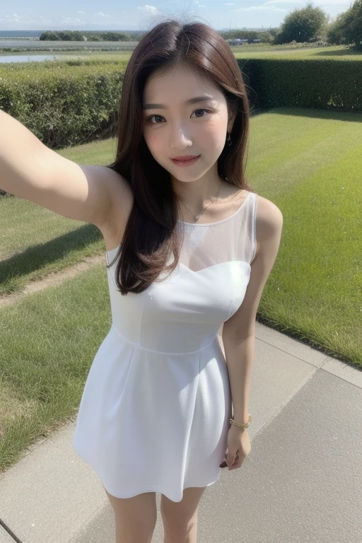 22-year-old girl, with gray eyes, pale white skin, slim figure, smiling, black hair, fashionable, photo taken with an ultra-realistic professional camera, she is on the roof of a luxurious building