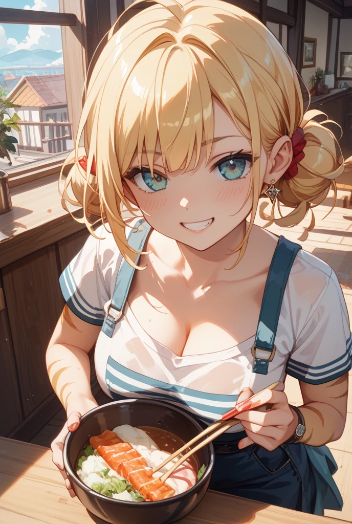 Blonde girl in micro bikini making bitter melon curry
