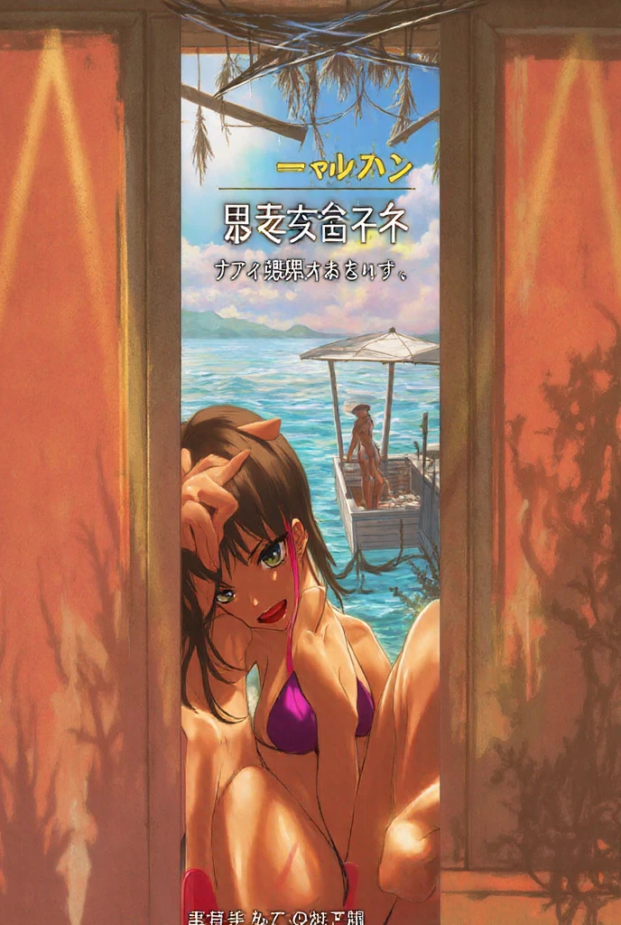 a mature woman with tanned skin, beautiful detailed eyes, beautiful detailed lips, wearing a golden chained bikini and flip flops, thick hips and ass, big butt, brunette hair, old money style, milf at beach, feet in flip flops demonstrating waffly soles, (best quality,4k,8k,highres,masterpiece:1.2),ultra-detailed,(realistic,photorealistic,photo-realistic:1.37), best anime style, realistic anatomy, seducing photo, photorealistic, milf's belly, no makeup, from below angle, looking at viewer, detailed feet, anime style, anime