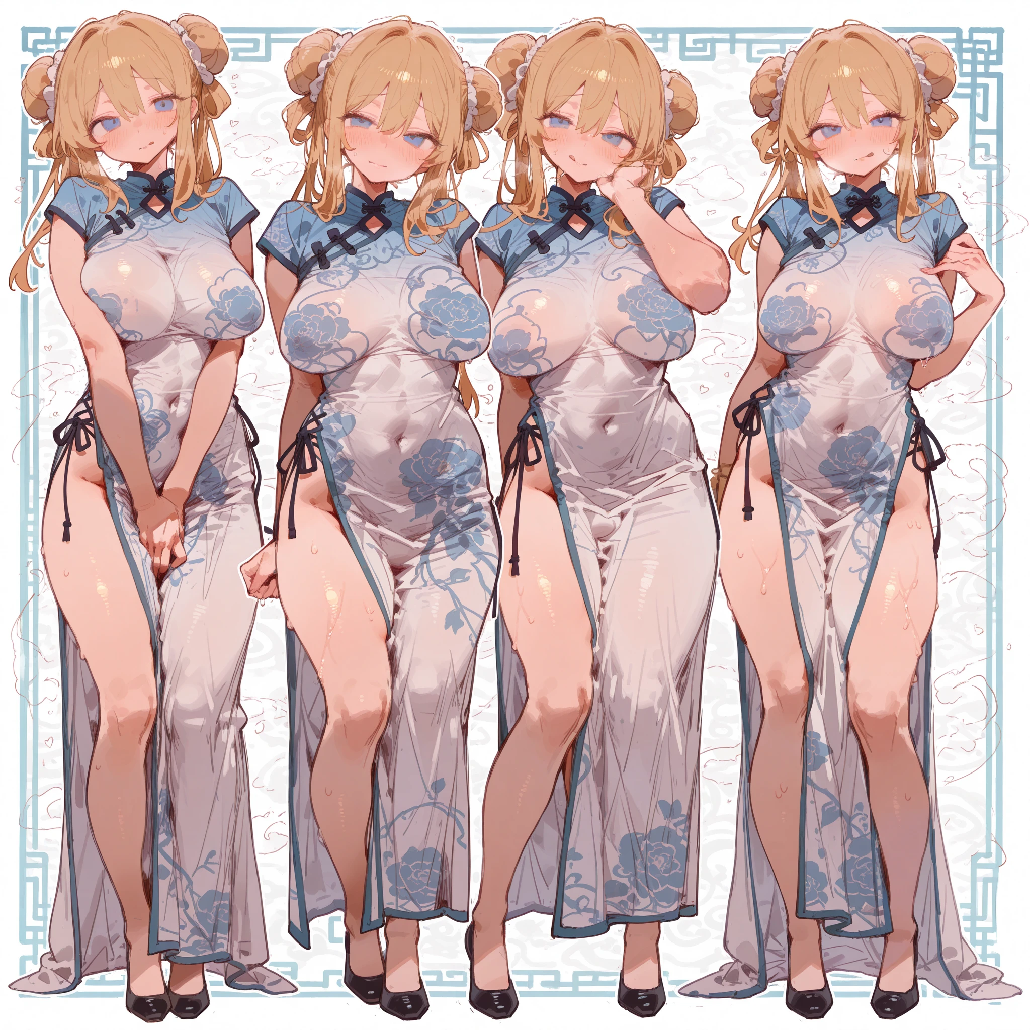 (cute eyes:1.2), (sparkling eyes:1.2), highest quality,wonderful,finely,extremely detailed CG Unity 8K wallpaper, (Stand in line:1.2), (3 girls, (blue short cheongsam dress:1.1), golden pattern cheongsam), clothed), (glamorous:1.1), (huge breasts), (open mouth:1.1), (long tongue:1.1), (mouth drool:1.1), (Black knee socks:1.1),(Thighs:1.3),(Waistline:1.2),(midriff peek:1.2)