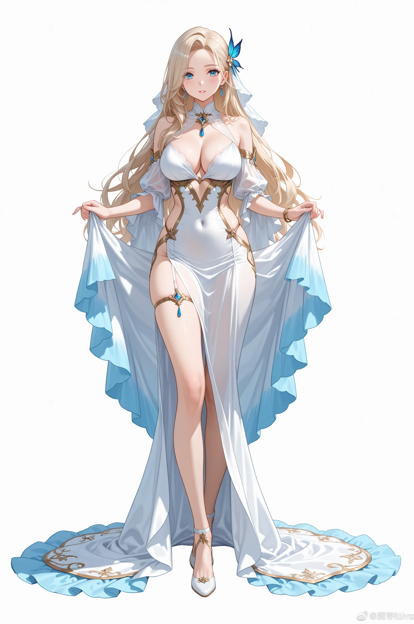 close-up, (Important Notice:1.6), 1girl, (black bandage eye patch:1.2), (covered eyes), (hidden eyes:1.5), parted lips, (breast curtains), (covered breasts), hanging breasts, gigantic breasts, (breast curtains), areola slip, breasts focus, big hips, blonde hair, white dress, long hair, thighs, necklace, hair between eyes,, solo, waist metal accessories, bare shoulders, jewelry, white dress, garter belt,,(Golden Grail in the right hand), (golden scepter in the left hand),walking ,full body, sexy pose, highly detailed,detailed background, (indoors, church, assembly hall), (shiny skin:1),(masterpiece:1.4),(best quality:1.4), sexy, milf,<lora:hyperWHITEPANTYHOSE_aika:0.5> <lora:breastCurtains_v10:1.5> ,