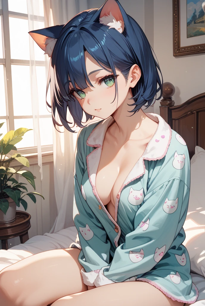 1girl in,Navy blue bob hair,Navy green eyes,Cute,blush, medium breasts, sweat, catch a cold, pajamas, bra is visible, in bed, night