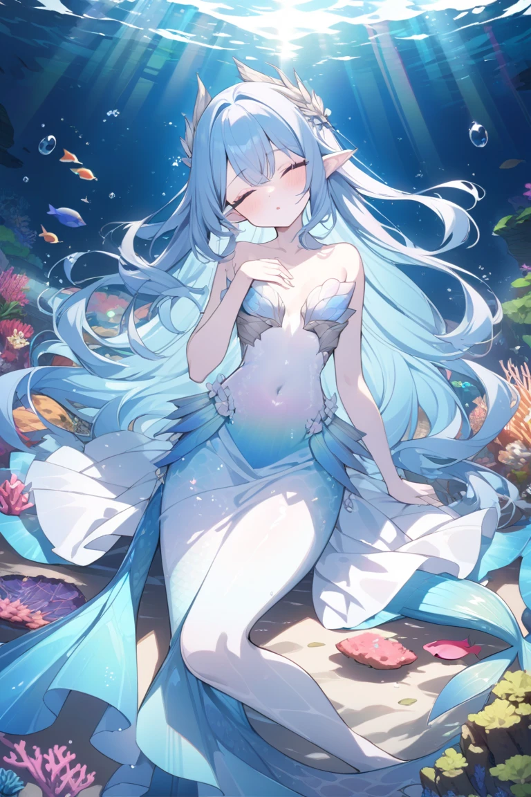 masterpiece, best quality,1girl, a woman, orange eyes, light blue hair, long hair, ringlets, (hair between eyes), despair, innocence, net, captured, off shoulder, crop top, yoshitaka amano character design, style by NTY, lily, morbid, solo <lora:PsychoMode:0.85>, mermaid, mermaid tail,  <lora:mermaid-1_mermaid-2--mermaid-3_mermaid-4--retro_ham_avas_jun_rifl--09-01:1>