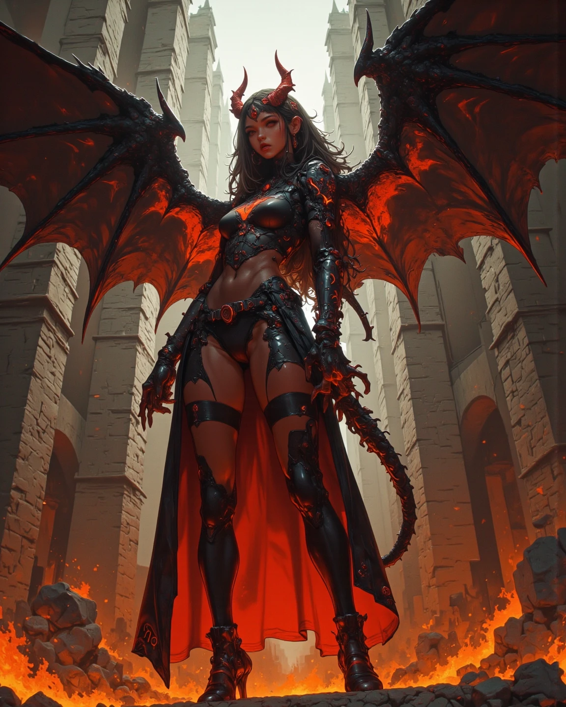 Beautiful Succubus Warrior wearing devil Armour Holding a trident infused with demon blood, glowing light eyes, detailed Demon wings, post-apocalyptic hell underworld, hell as described in bible, Realism, god rays, highres, 16k, best quality, super detail