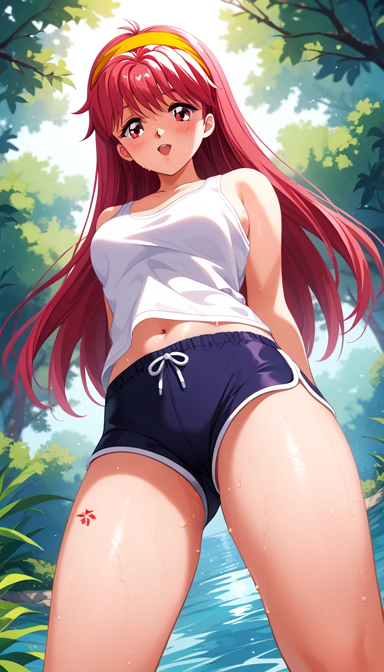 8k, best quality, masterpiece, ultra-detailed, erza scarlet (fairy tail), 1girl,solo,long ponytail hair, red eyes,red hair,White t-shirt, White shirt,red shorts, sitting on the field, training ground, morning, bright sun, looking at viewers,ultra detail, ultra HD,full body photo, armpits, spread legs, pussy, spread pussy, nsfw
