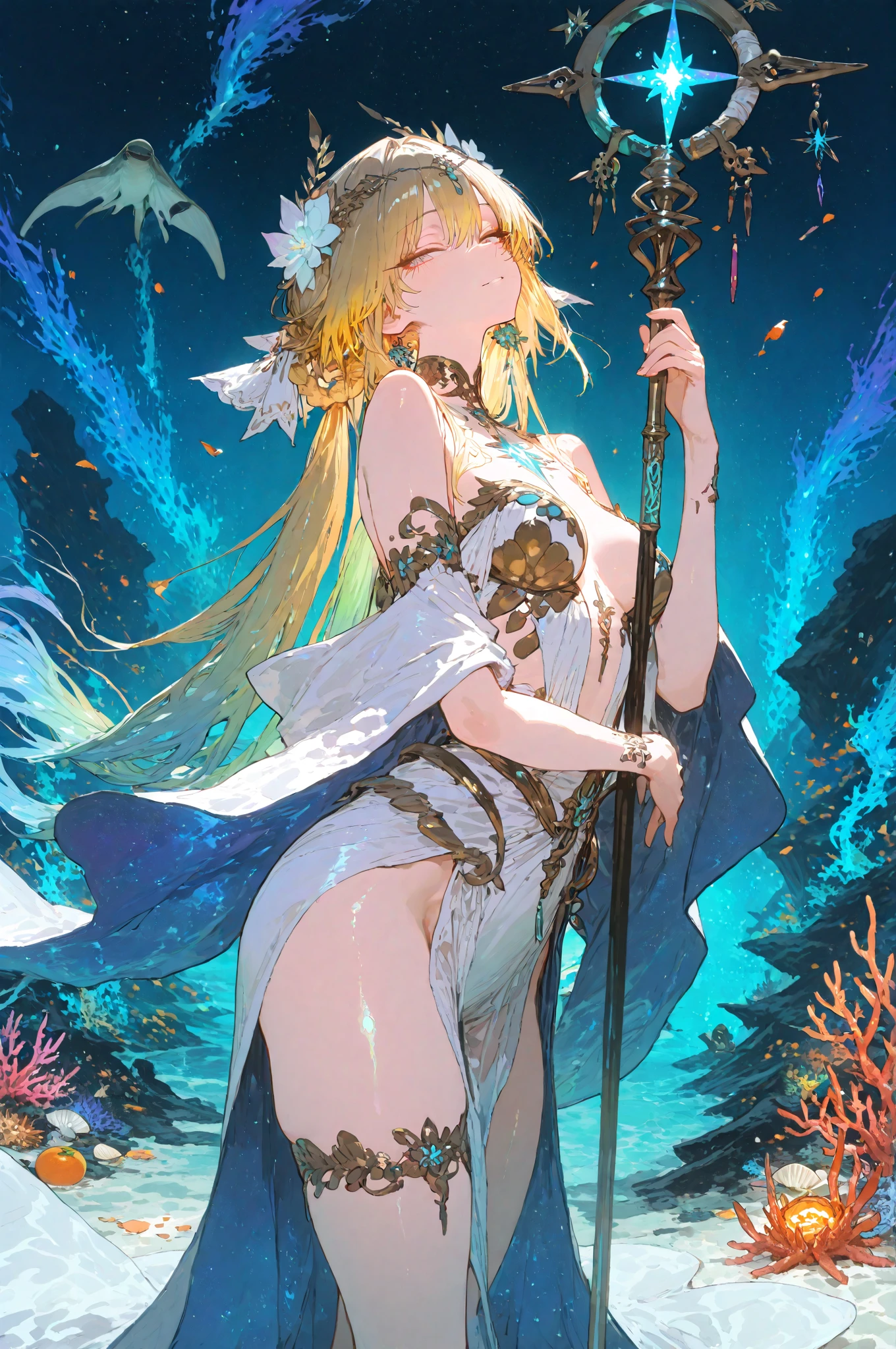 flat chests, nsfw, masterpiece, 1 girl, erect nipples, intricately detailed, topless, navel, bare shoulders, necklace, blue hair, embarrassed, loincloth, rock, gold trimmings, gold circlet, extremely detailed, photorealistic, octane render, 8 k, unreal engine, bare breasts, puffy nipples, closed eyes, carrying staff, blue gemstone, fantasy, enchanted, trident, magical, mage, bare stomach, sweaty, moist breath, child, arm strap, 1 side braid, atlantis, gold crown, underwater, swimming, gold arm strap, fish, corals, full body, mermaid, fish tail