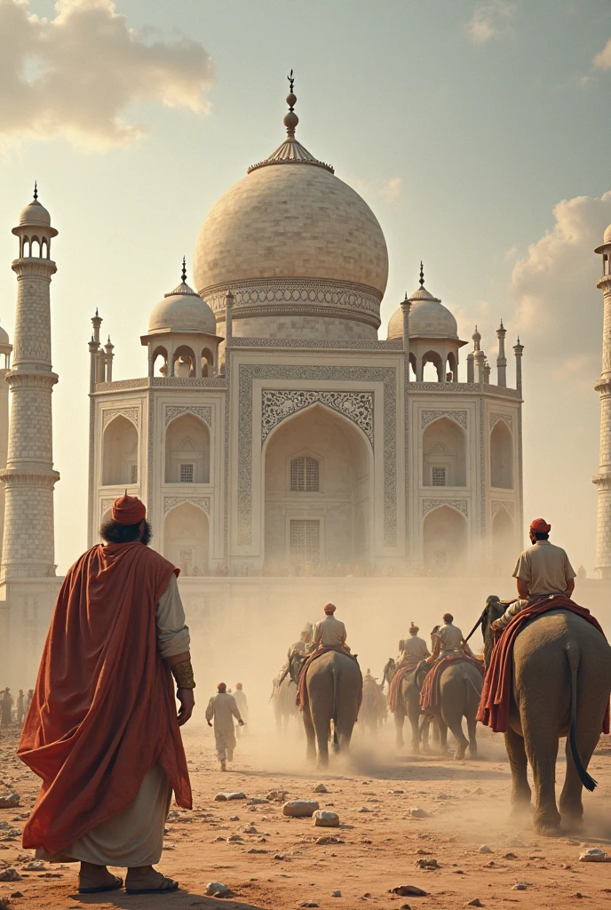 Prompt: "An artist’s depiction of the construction of the Taj Mahal, showing workers in traditional Mughal attire carrying large marble blocks and using simple tools. Include scaffolding around the structure and a few elephants helping in the construction."