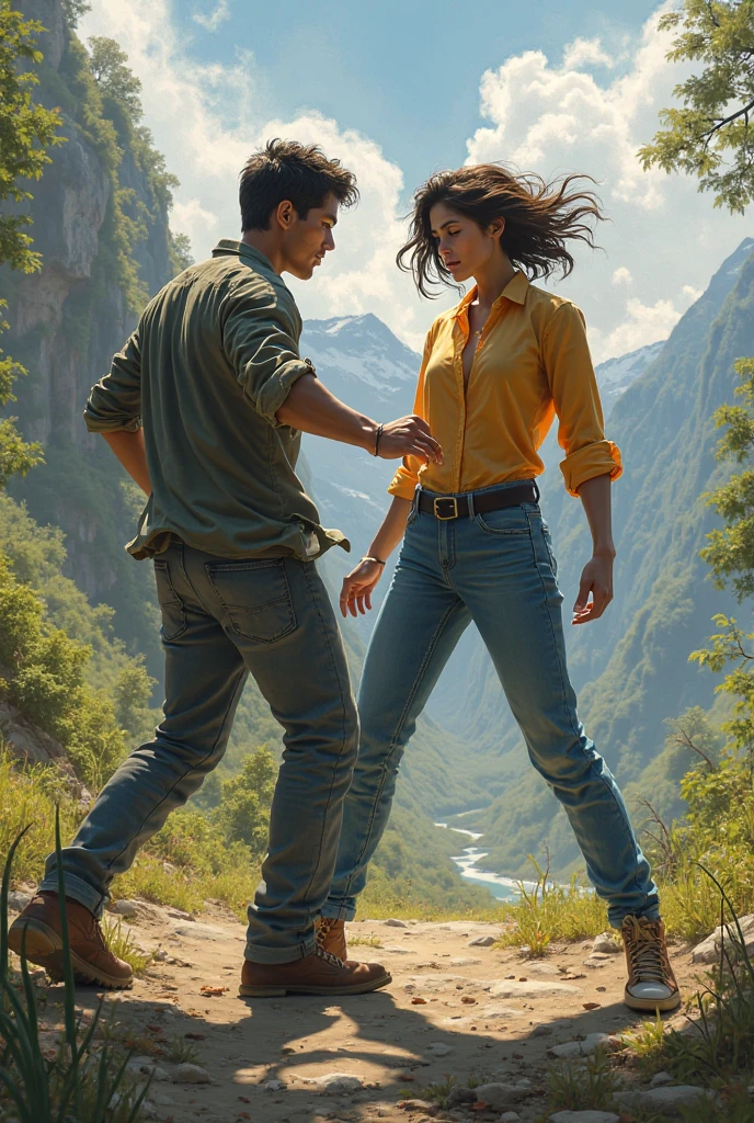 Kristin Kreuk as Lana Lang lifting a man high over her head with her strong arms. She is standing on a cliff with tall Mountains in the background.