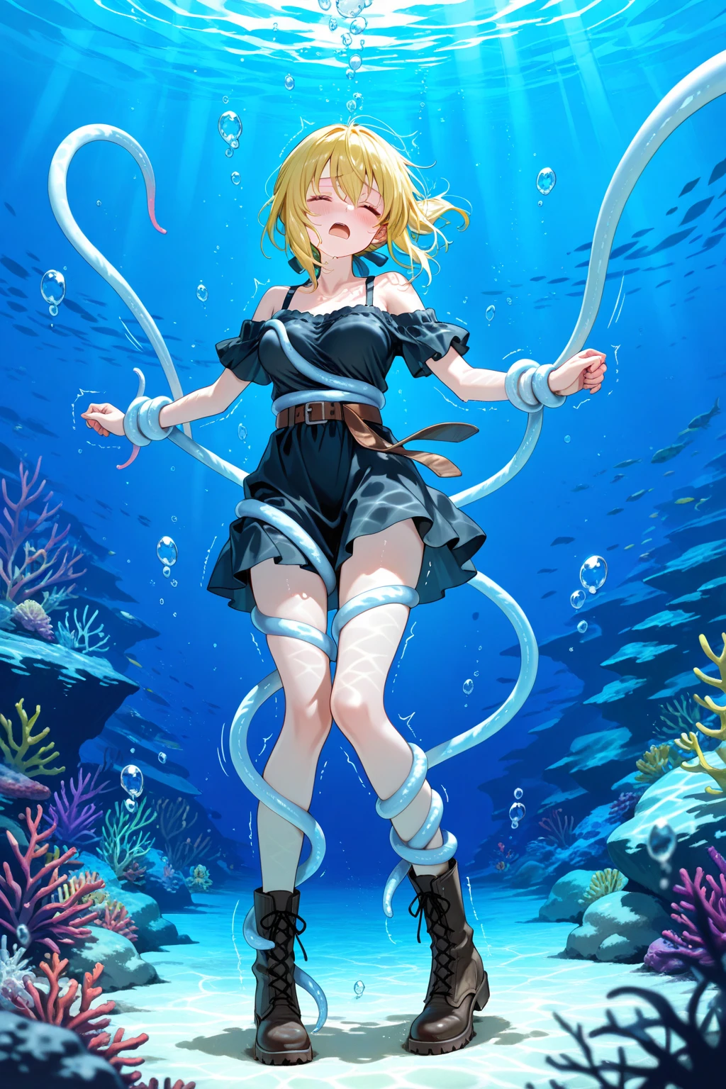 score_9, score_8_up, score_7_up, score_6_up, score_5_up, score_4_up, BREAK, source_anime, ytemari, 1girl, blonde hair, quad tails, white cloth blindfold over eyes fishnets, purple garment, sash, solo, simple background, anime screencap, anime coloring, cloth gagged, underwater background, shibari, hands behind back, eyes closed, show full body, underwater background, coral reef, face turning blue from oxygen depravation, looking above, tied up with tape and rope, ball and chain on one leg, legs bound, wrists bound, white cloth gag, subject off center to the left, legs and ankles tied up, white cloth blindfold, white cloth gag, white cloth blindfold, angry and panic expression