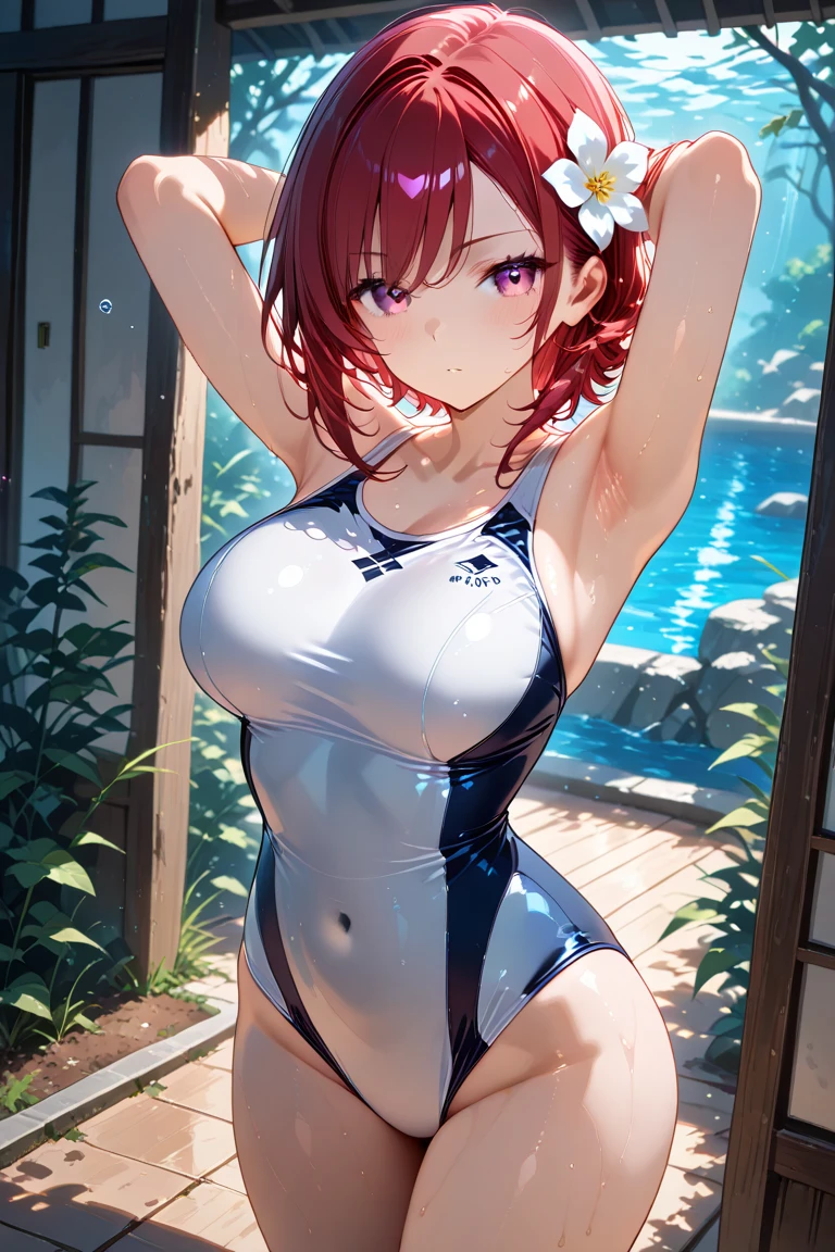 ((masterpiece) ((((Highest quality))))((High resolution))))))、((White school swimsuit))、Redhead、、Leg spread、Pool、Nipples、Big Breasts、sit.Hair that hides one eye.Sleeveless
