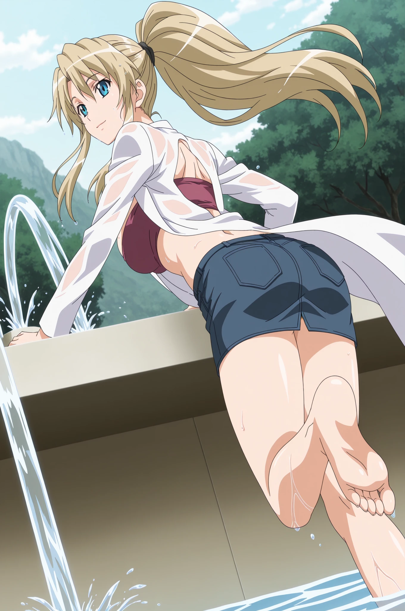 Asuna, Anime art style, 1 girl, alone,Big Breasts、Random high-cut swimsuit、((The whole body is sweating))、Side Ponytail、Stick your butt out、look back、On all fours
