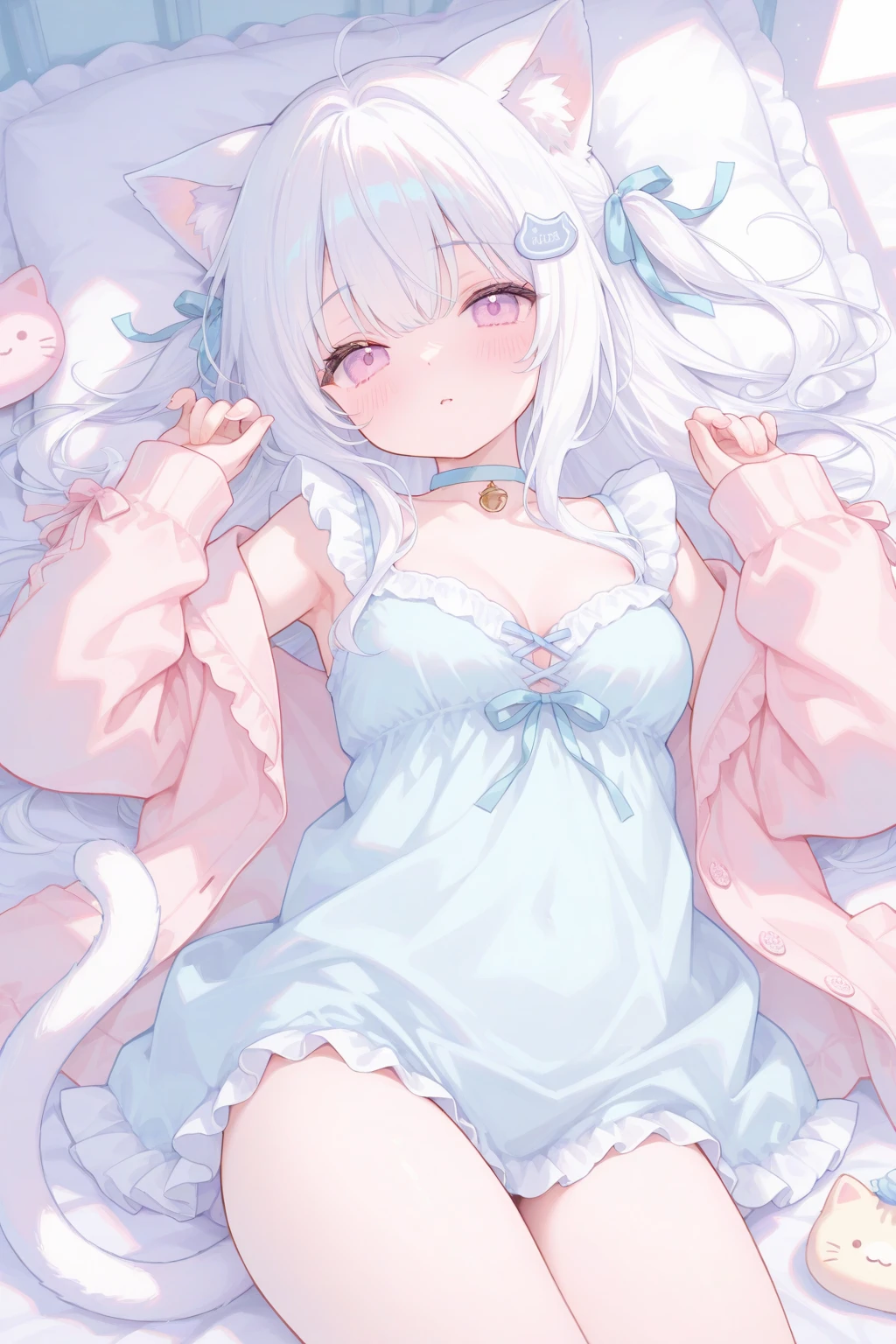 beautiful illustration, best quality, cute girl, bedroom, pastel color, fluffy bunny ears, , silver long hair, rabbit stuffed toy, bright lighting, light pink eyes, cuerpo muy voluntuoso, senos grandes, trasero grande, caderas anchas, hermosa, tiene cara de una niña.