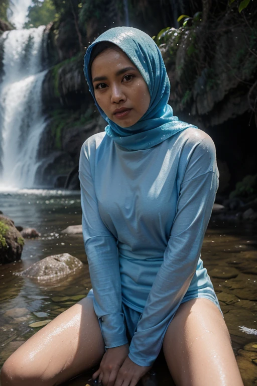 Malay woman in a white dress and hijab is sitting in the water, long sleeves, closeup fantasy with water magic, beautiful maiden, wearing a dress made of water, cleavage, realistic oil painting, dripping wet, in water up to her shoulders, blonde, beautiful realistic painting, nymph in the water, hyperrealist portrait in a river, hyperrealistic fantasy art, splashing, realistic fantasy painting, cute shot, narrow depth of field, 8k, nsfw, drenched, ((soaked)), dripping water, dripping water, heavy clothes, soaked in water, wet all over, rouge lipstick, wet dripping hijab,