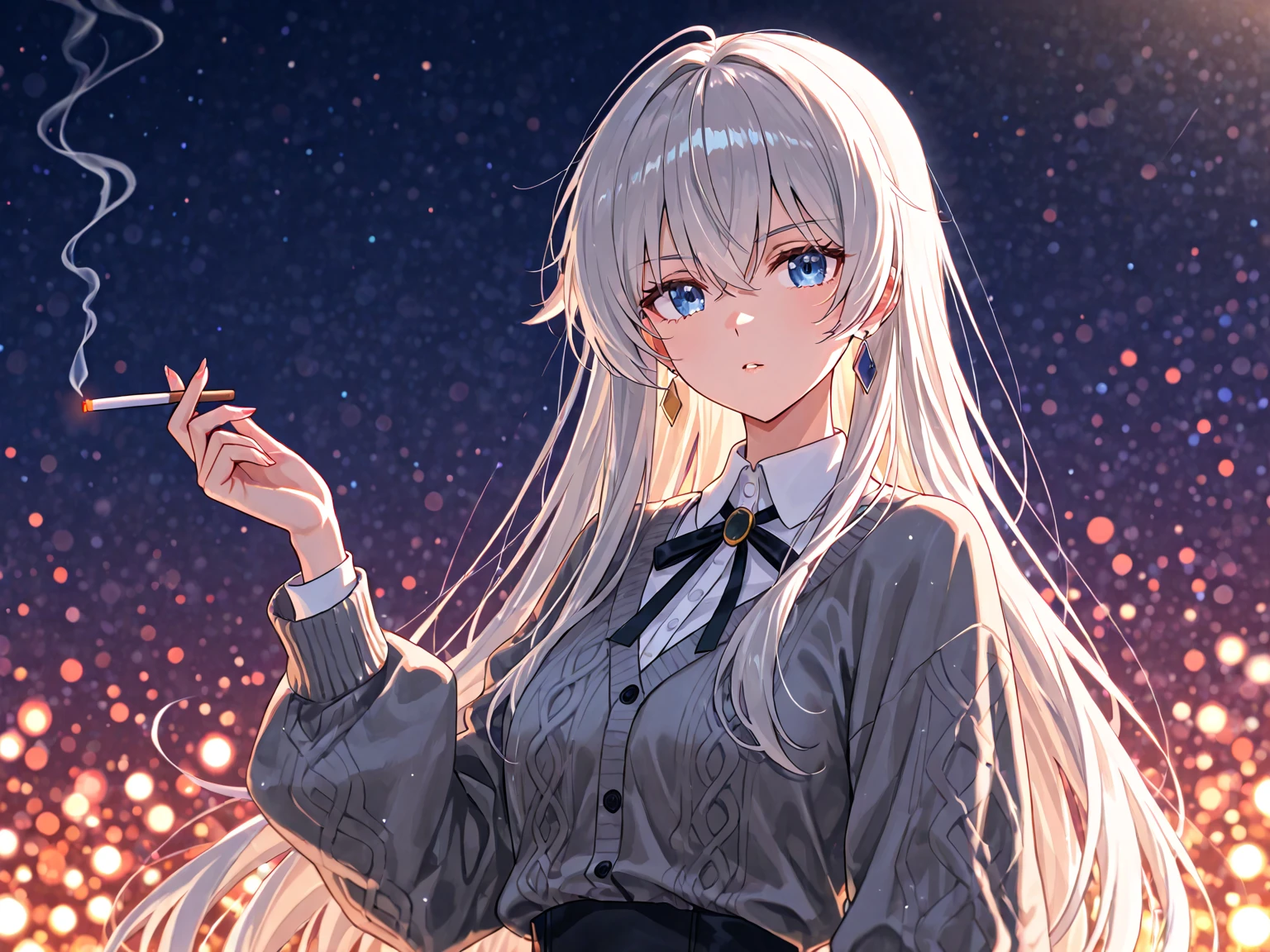 office lady, matured looking, long hair middle split, silver hair, purple horns, devil,  pale skin, skinny body, tall, wearing white shirt and pencil skirt, holding the viewer, caring experession,  soft, smile