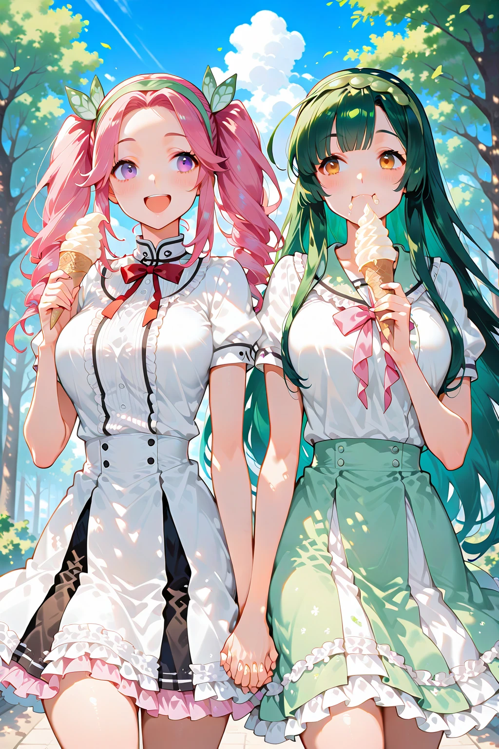 2girls,{{ chest, Nikkesoda, Purple eyes, Long Hair, Green Hair, bangs,}},{{black bunny,Nikkesoda,pink hair}},Father Matching
