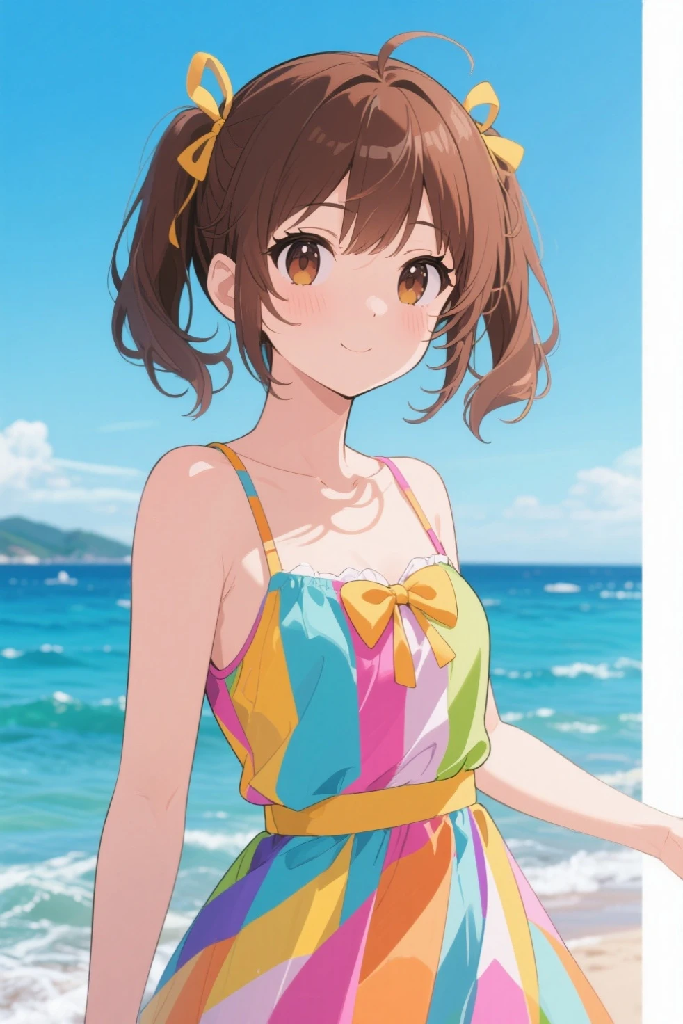 Reddish brown hair Short Bob Brown eyes beautiful girl Yellow swimsuit blue sea White sand beach Light of the sun smile sunglasses