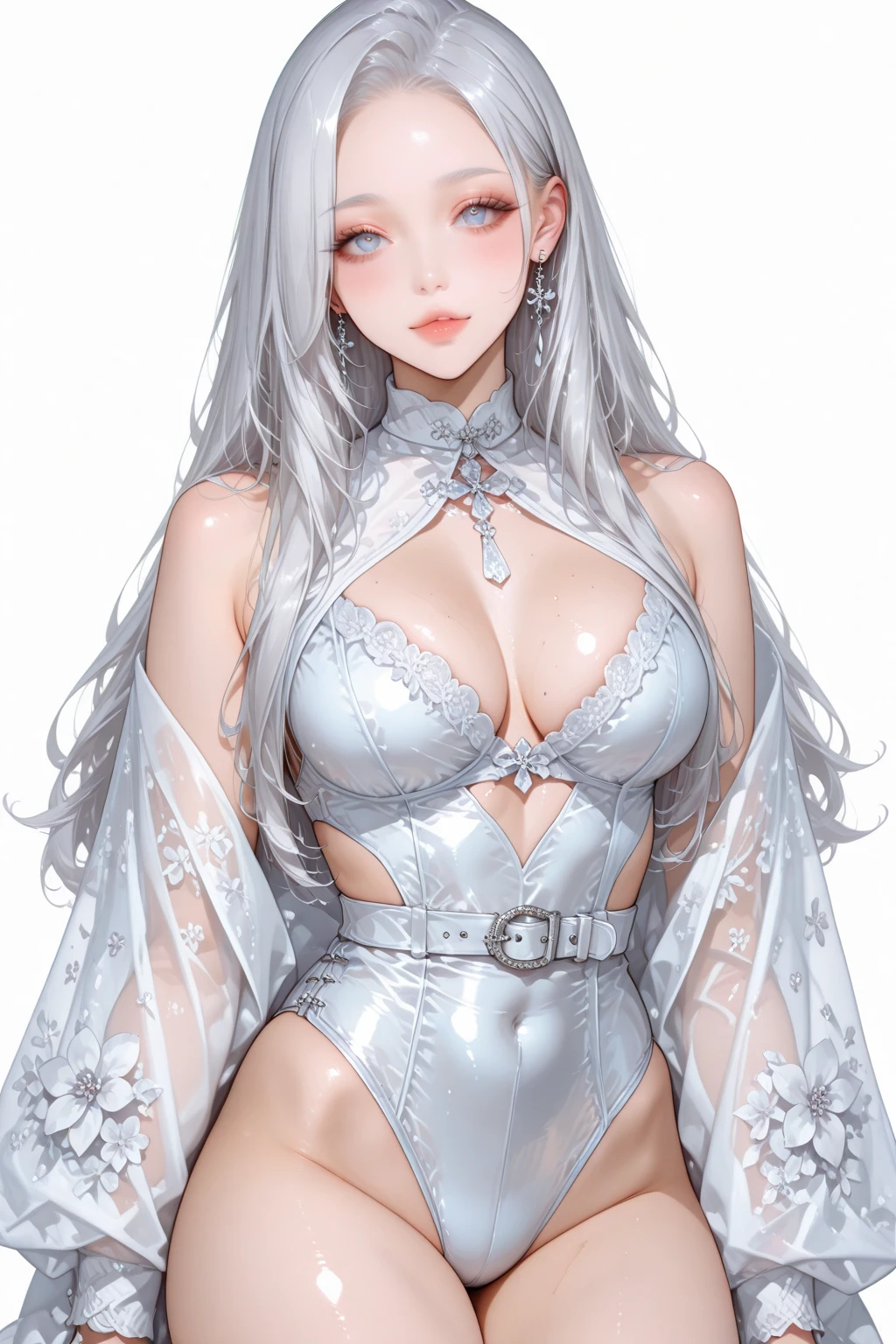 beautiful woman with a beautiful provocative smile ((she wears a thin transparent shirt)) with straight silver hair with a fringe, sweet mouth, light on her face, with small beautiful breasts. the light shines on the face. sitting on the bed. Ultra detailed, 8K, HDR, Octane Render, Redshift, Unreal Engine 5. Professional coloring, atmosphere, incredible depth, rich colors, powerful images, very detailed, rich 3d rendering, hyperrealistic painting, 4d cinema rendering, WLOP artwork --style 1000 , glazed