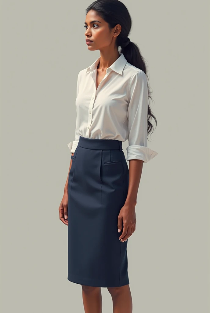 Create a realistic depiction of an African lady who is smartly dressed in modern clothes that are chic, flirty, sexy and respectable . Her outfit should prominently feature blue color . She should have a very thick build and appear realistic." She should be standing  perfect posture, her legs criss crossed in a photo studio posing confidently for the camera. She should be 23 years old.