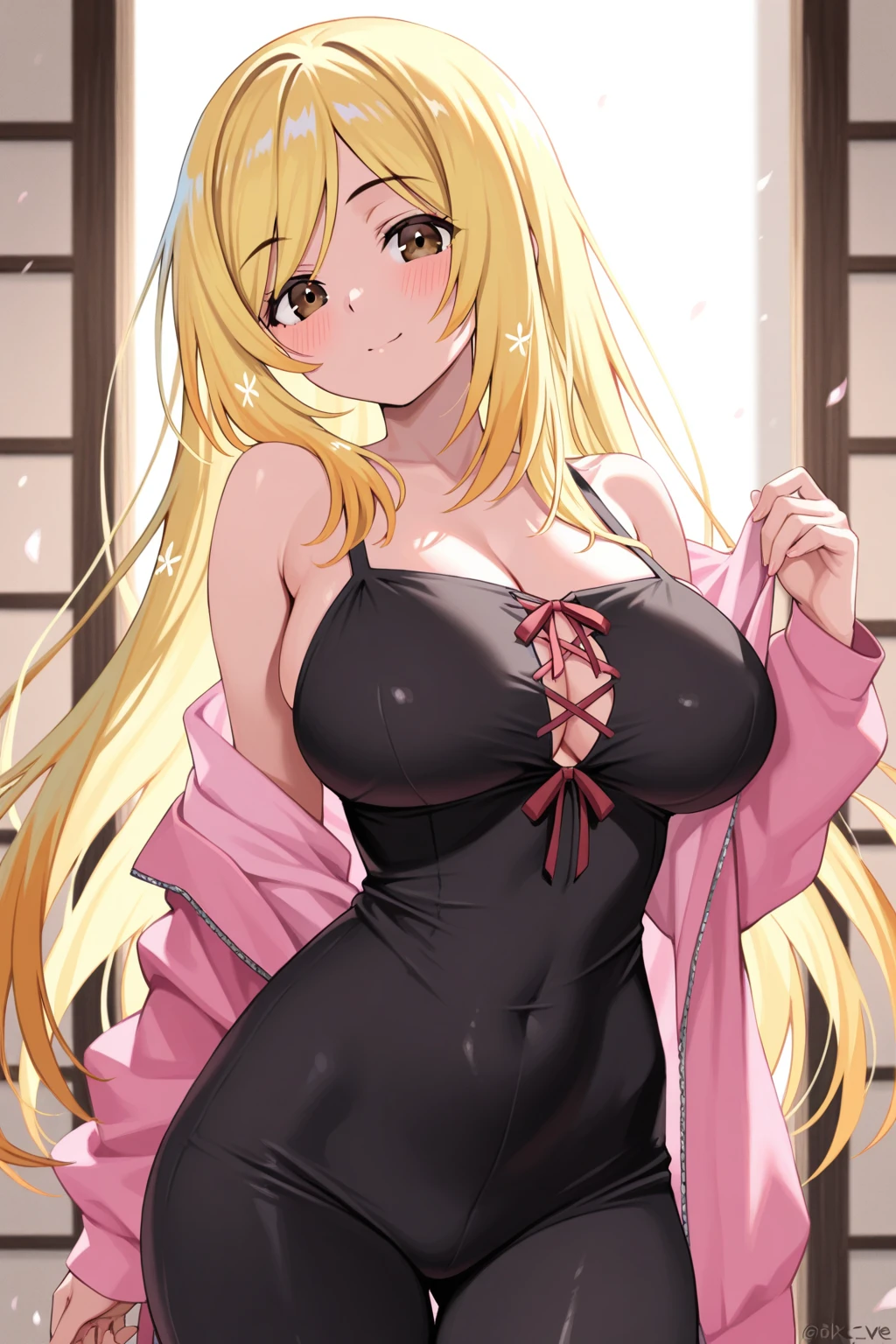 masterpiece, best quality, very aesthetic, absurdres, 1girl, mature_lady,huge oversize , grabbing own breasts,embarrassed,blush,tears in eyes, sweat,(Cum on breasts), ,konjiki_no_yami(to_love-ru), to_love-ru,1girl, blonde_hair, long_hair,  two_side_up,   red_eyes, small_breasts, black_shirt, black_skirt, black_sleeves, Four-pointed_star_cleavage_cutout, detached_sleeves,long_sleeves, thigh_strap, tsurime,wide_sleeves,bare_shoulders,in kitchen,surrounding by flowers,falling_petals, petals,,
