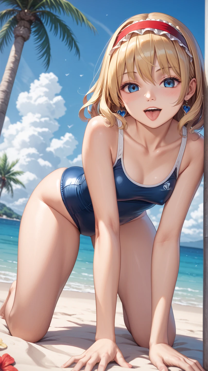 absurderes, hight resolution, (Official art, Beautiful and aesthetic:1.2), best qualtiy、(1womanl:1.9)、(独奏:1.8)、ultra-detailliert,bright colour, Anime Face、extremely beautiful detailed face and eyes,25-years old、under the water、mare、splash water、Swim、getting wet、rays of sunshine、glowing particles、(Lens Flare:1.4)、Shy laughter、(Platinum blonde short hair,low twintails:1.4)、Shiny hair、Medium Breasted、(Deep Blue Eyes:1.4)、Happy smile, shiny_skin,blush、put out the tongue,one eye closed,(hair clips), earrings, (Swimsuit), Clothes, Beautiful cloud,Blue sky,、(Cowboy Shot:1.3)、