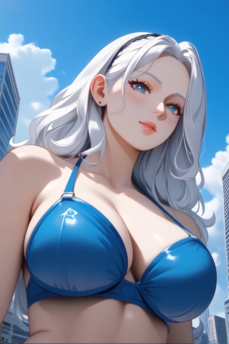 (masterpiece, best quality:1.2), 1girl, solo, mature, margaret, persona 4, grey hair, yellow eyes, large lips, huge breasts, hairband, lipstick, choker, blue bikini, night sky, starry sky, beach, palm trees, moon <lora:MARGARET4-05:0.7>